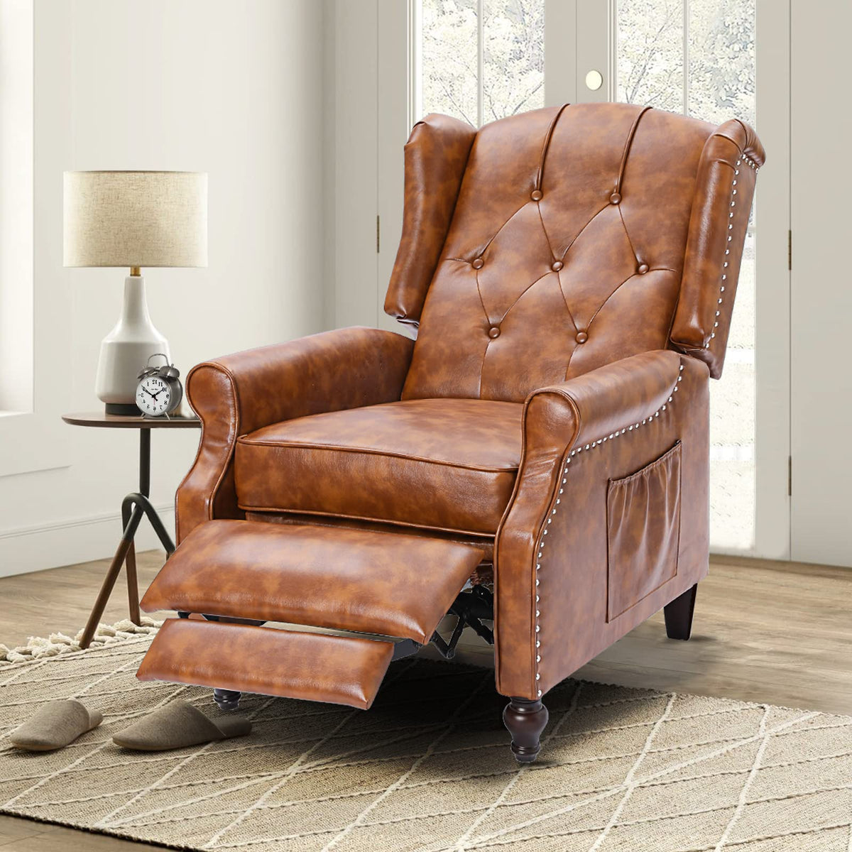 Wingback Recliner Chair - Tufted Arm Chair Recliner - Fabric Push Back Single Sofa for Living Room Adjustable Backrest (Blue Floral)