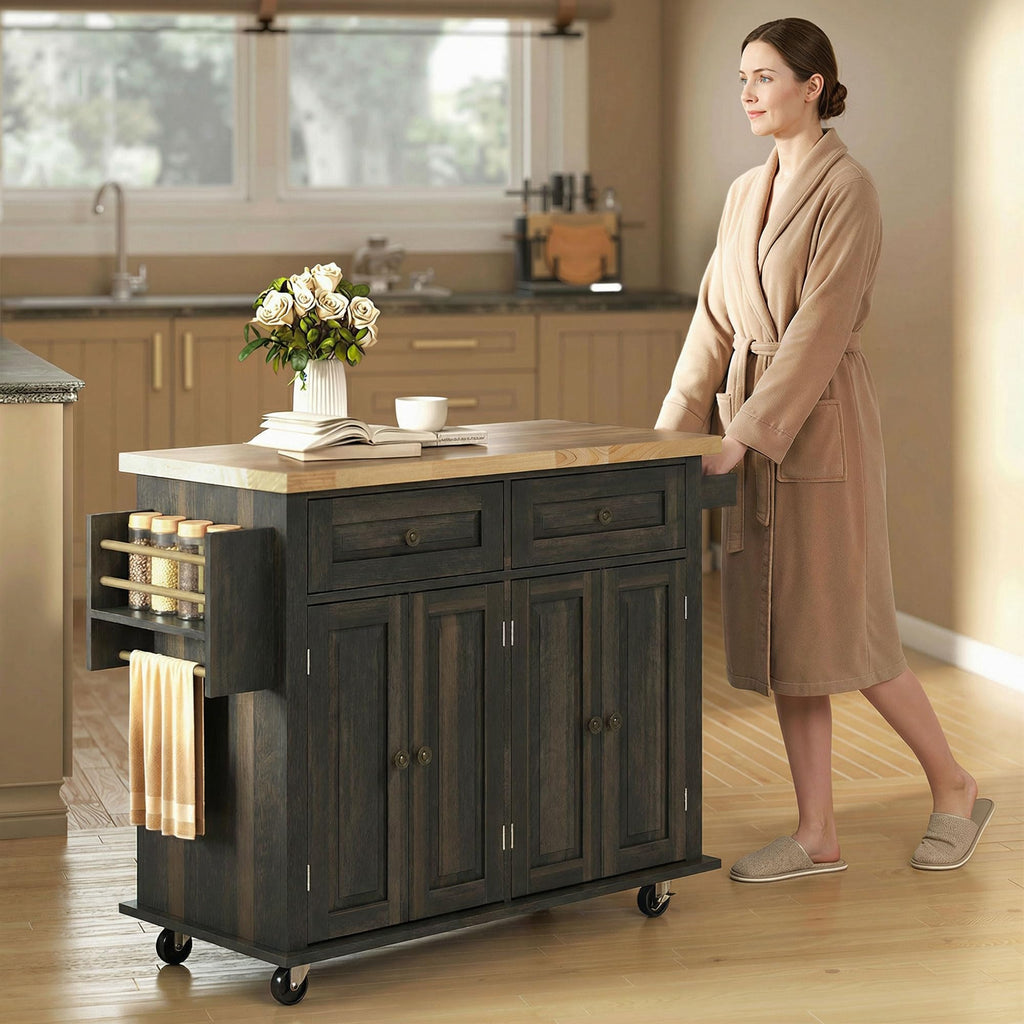 HOMCOM Kitchen Island Cart on Wheels with Solid Wood Top, 44" Cream White