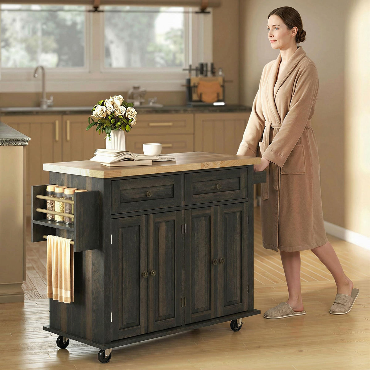 HOMCOM Kitchen Island Cart on Wheels with Solid Wood Top, 44" Cream White