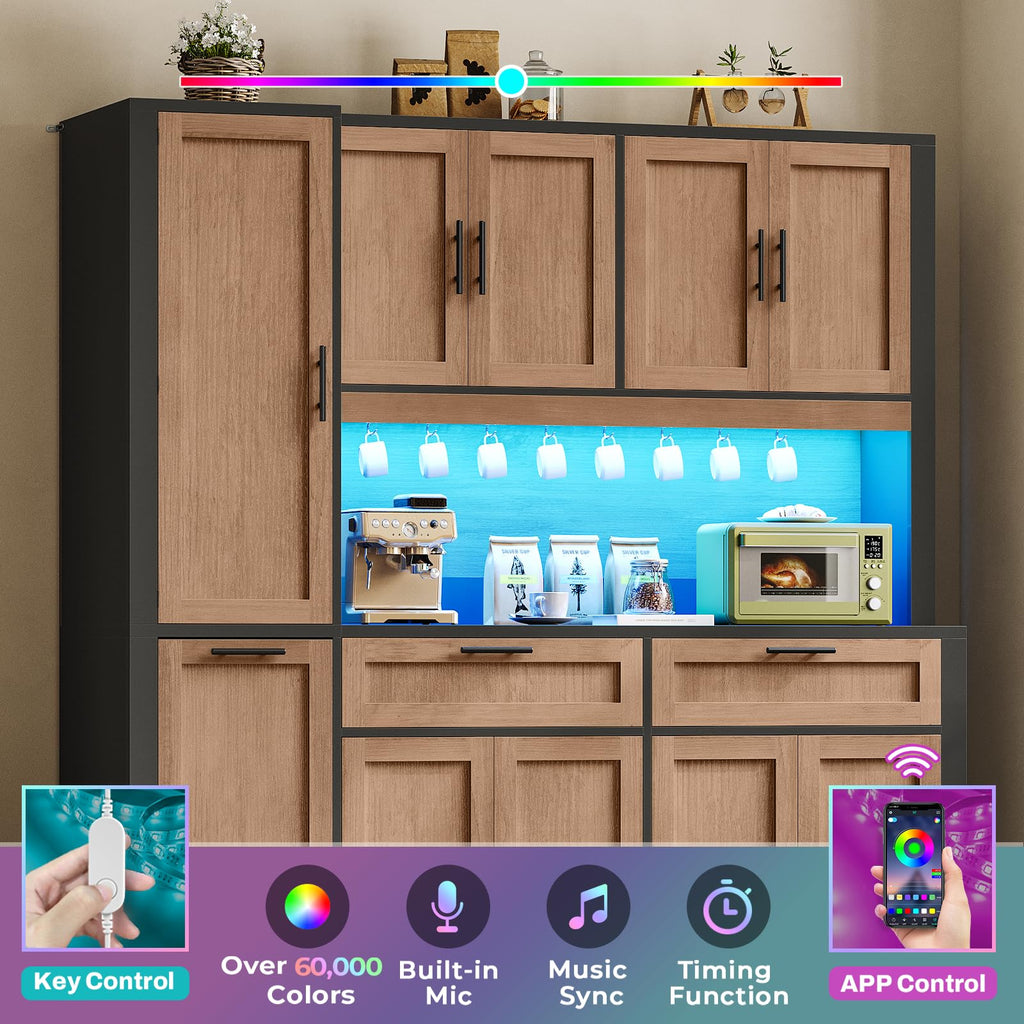 Itaar 71" Kitchen Pantry Cabinet with Charging Station and Led Light, Kitchen Storage Cabinets with Microwave Stand, 59" Wide Pantry Storage Cabinet with Storage Cart 3 Tier for Dining Room, White