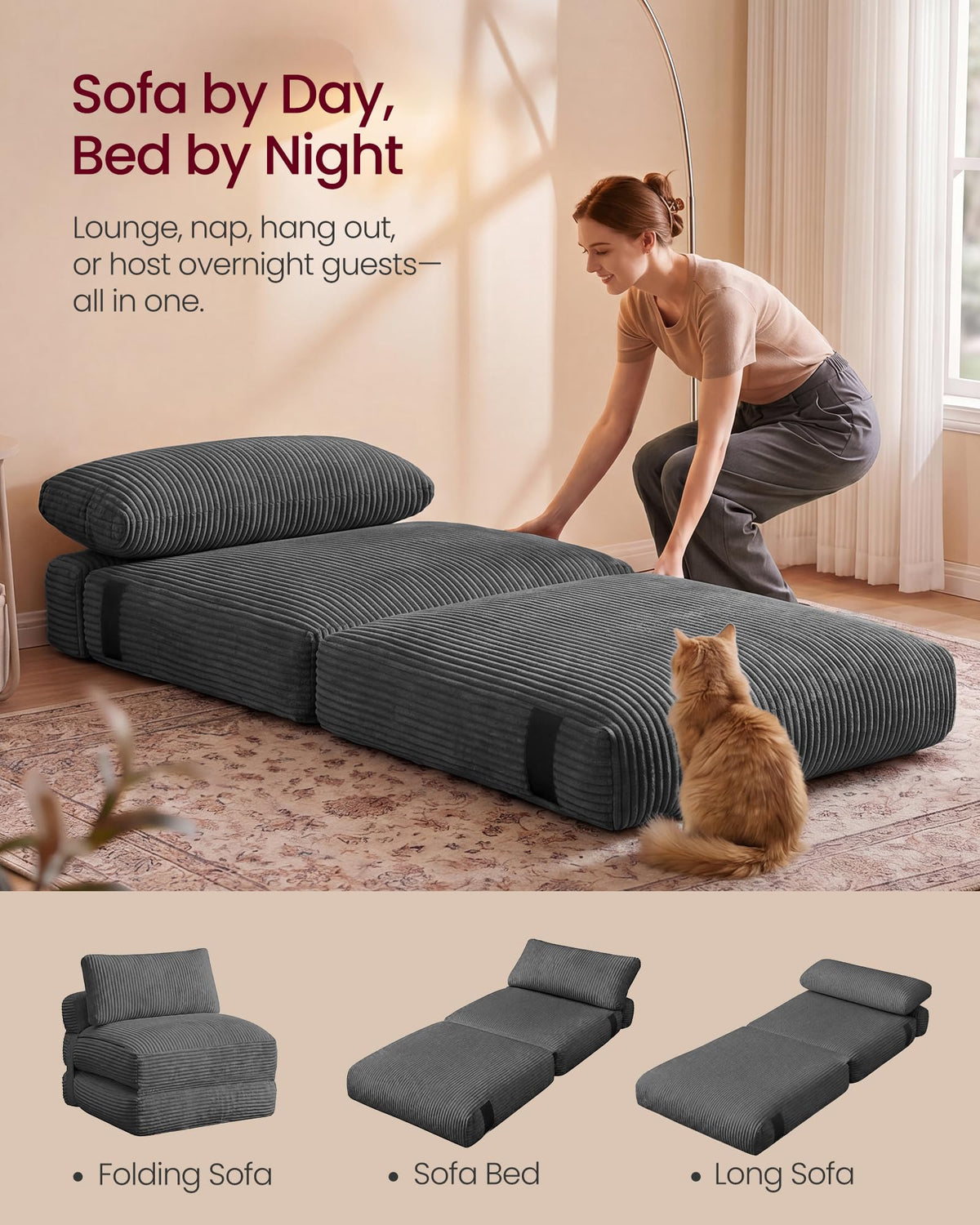 VASAGLE Folding Sofa Bed, Convertible Chair Bed with Pillow, Sleeper Chair
