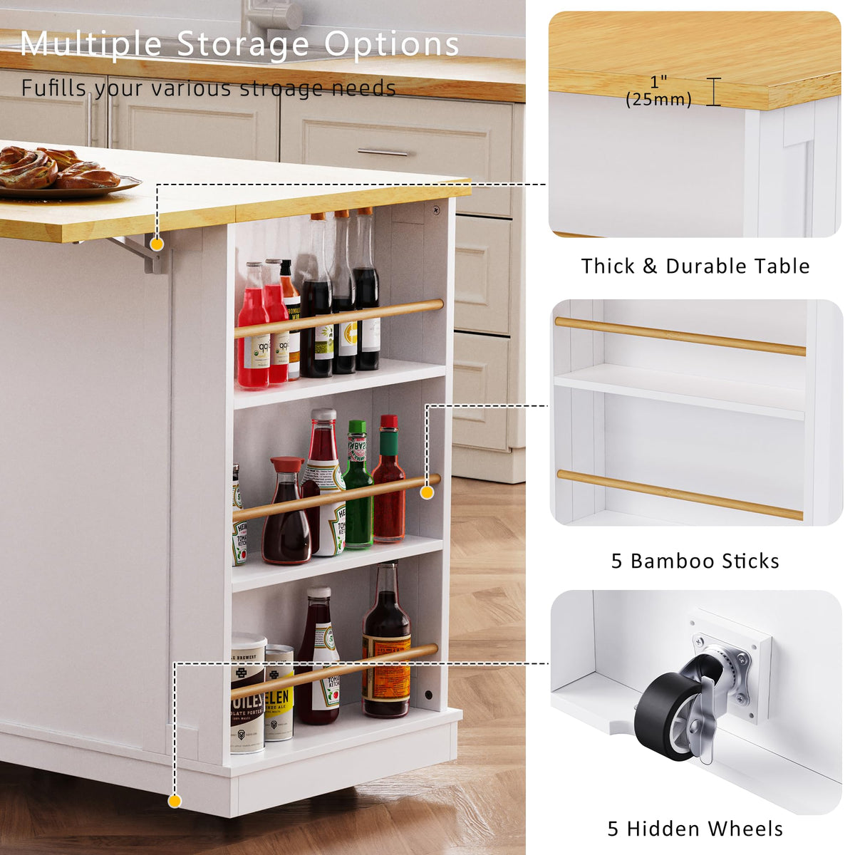 53" Large Kitchen Island with Drop Leaf & Power Outlet, Rolling Kitchen Cart on 5 Wheels with Internal Door Storage Rack, 5 Open Side Racks, 3 Drawers, 2 Doors for Kitchen Dining Room
