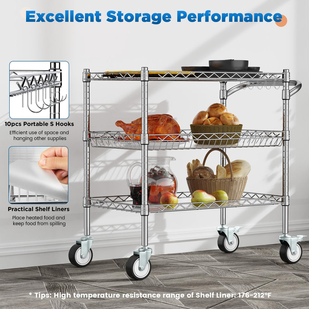 Leteuke 3 Tier Rolling Carts with Wheels, Heavy Duty Rolling Utility Cart