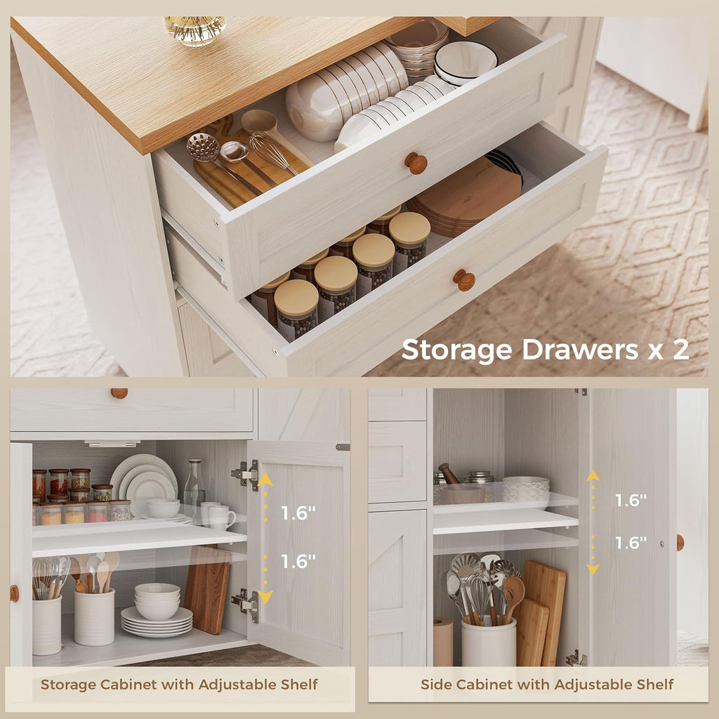 IRONCK Rolling Kitchen Island with 360Â° Swivel Table and Storage, White