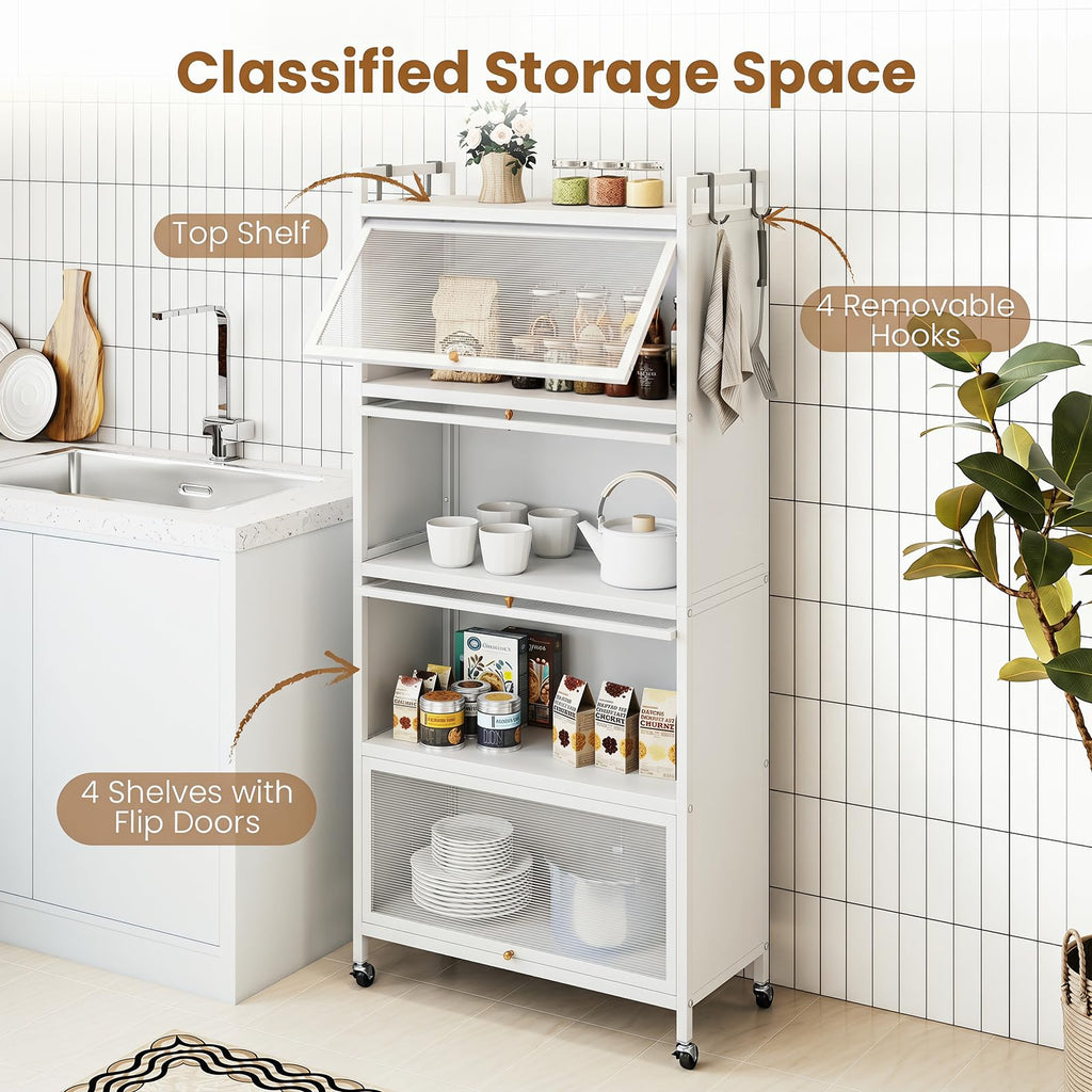 GIANTEX 5-Tier Kitchen Storage Cabinet, 4 PC Doors, Rolling Wheels, White