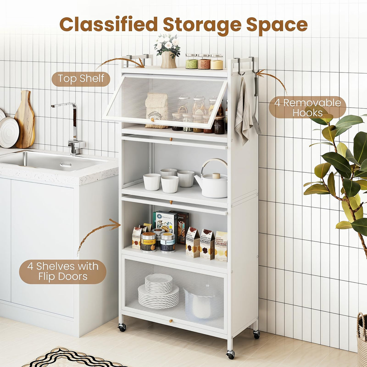 GIANTEX 5-Tier Kitchen Storage Cabinet, 4 PC Doors, Rolling Wheels, White