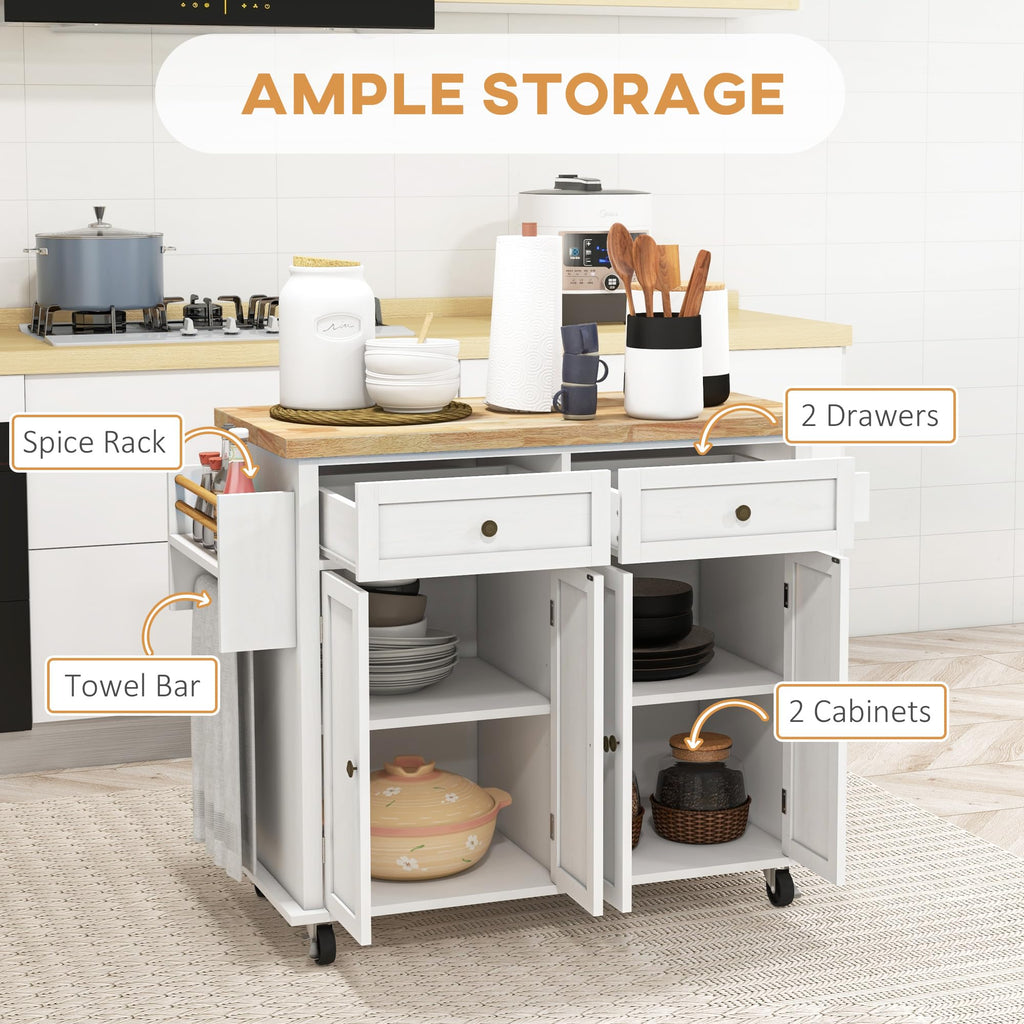 HOMCOM Kitchen Island Cart on Wheels with Solid Wood Top, 44" Cream White