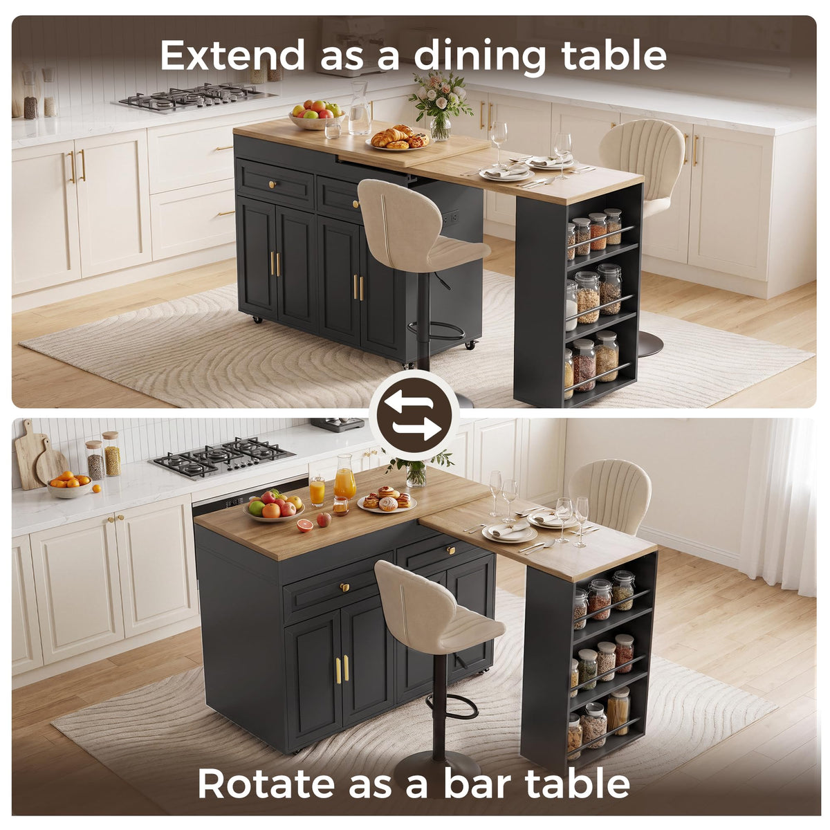 3-in-1 Extendable Kitchen Island with Extendable and Swivel Dining Table