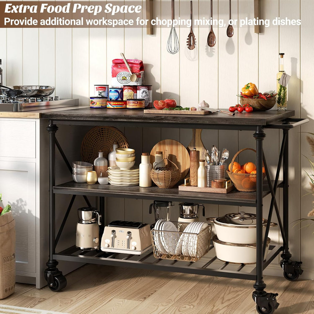 Homieasy Kitchen Island Cart with Wheels, 3-Tier Wood and Metal Rolling Kitchen Island Table with Pipe Legs, Storage Shelves & Lockable Casters for Kitchen Dining Room, Black Oak