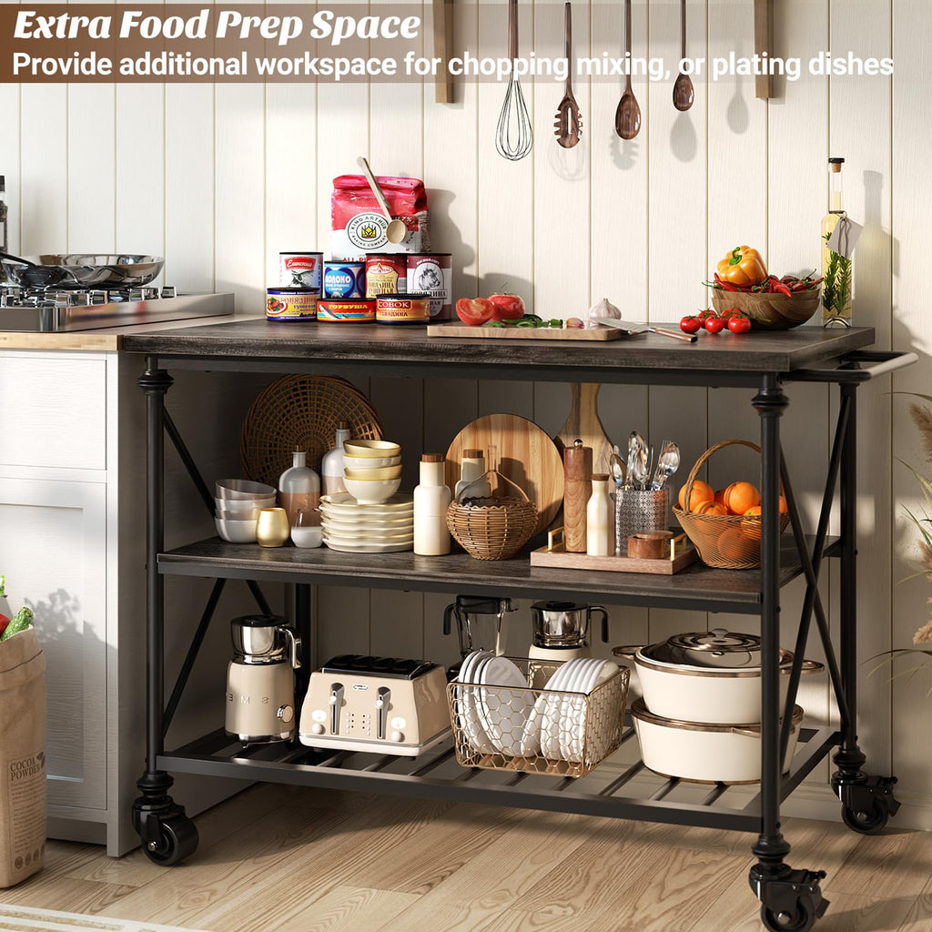 Homieasy Kitchen Island Cart with Wheels, 3-Tier Wood and Metal Rolling Kitchen Island Table with Pipe Legs, Storage Shelves & Lockable Casters for Kitchen Dining Room, Black Oak