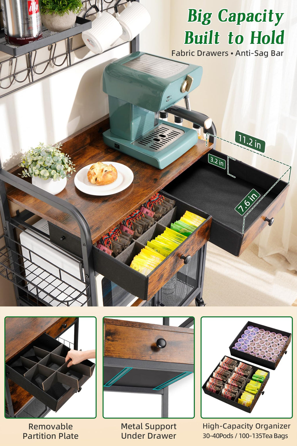Coffee Bar Cabinet with Storage, Coffee Cart with Wheels, Coffee Station with Coffee Bar Sign and Mug Hook, Corner Coffee Bar Table with Drawer, Bakers Rack for Kitchen Dining Room Living Room Nook
