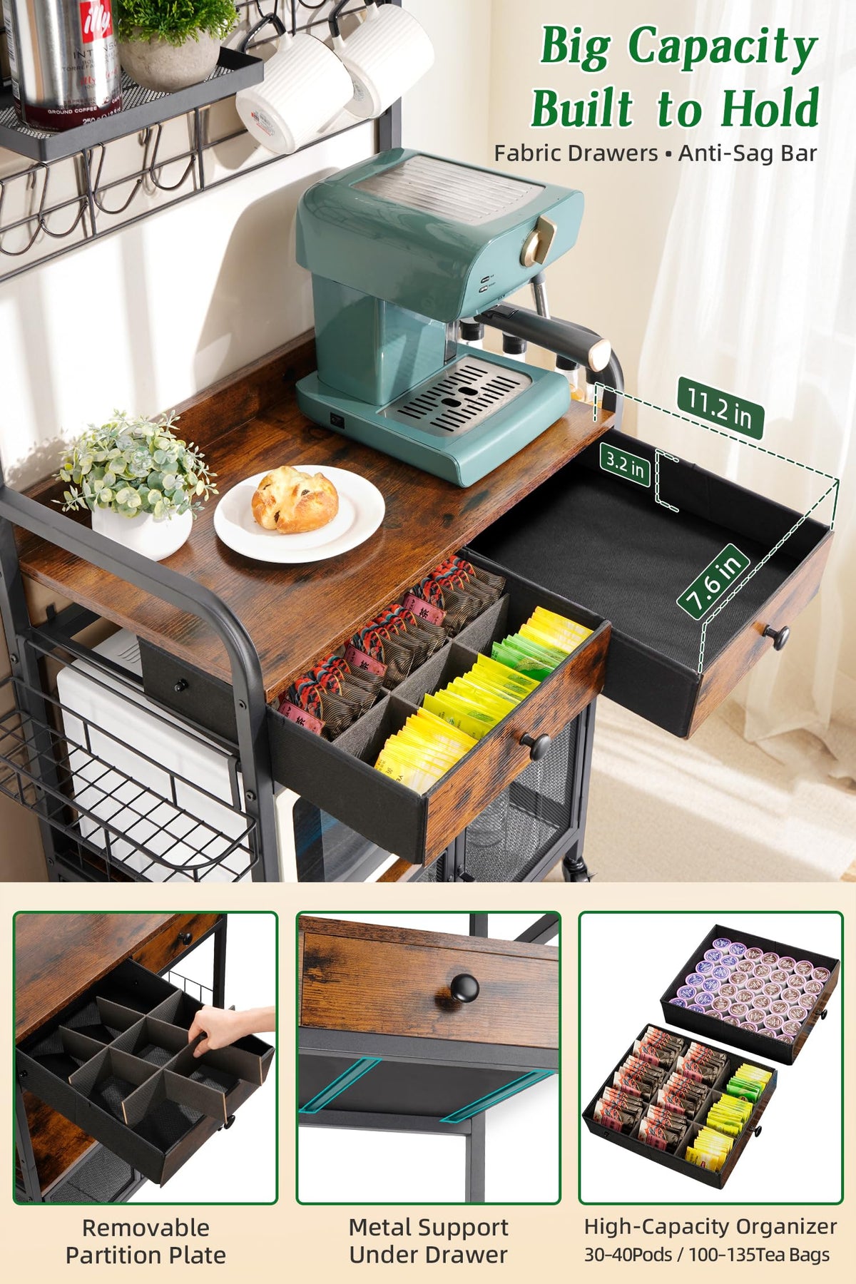 Coffee Bar Cabinet with Storage, Coffee Cart with Wheels, Coffee Station with Coffee Bar Sign and Mug Hook, Corner Coffee Bar Table with Drawer, Bakers Rack for Kitchen Dining Room Living Room Nook