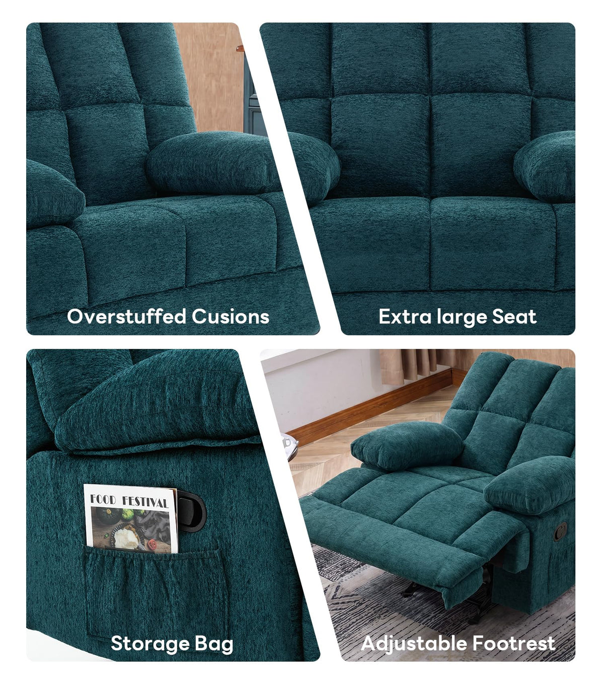 WILLOVE 41" Oversized Rocker Recliner Chair, Rocking Recliners Overstuffed Soft Big Man Manual Recliner, Extra Large Chenille Living Room Chair 350 LBS Capacity, Grey, L