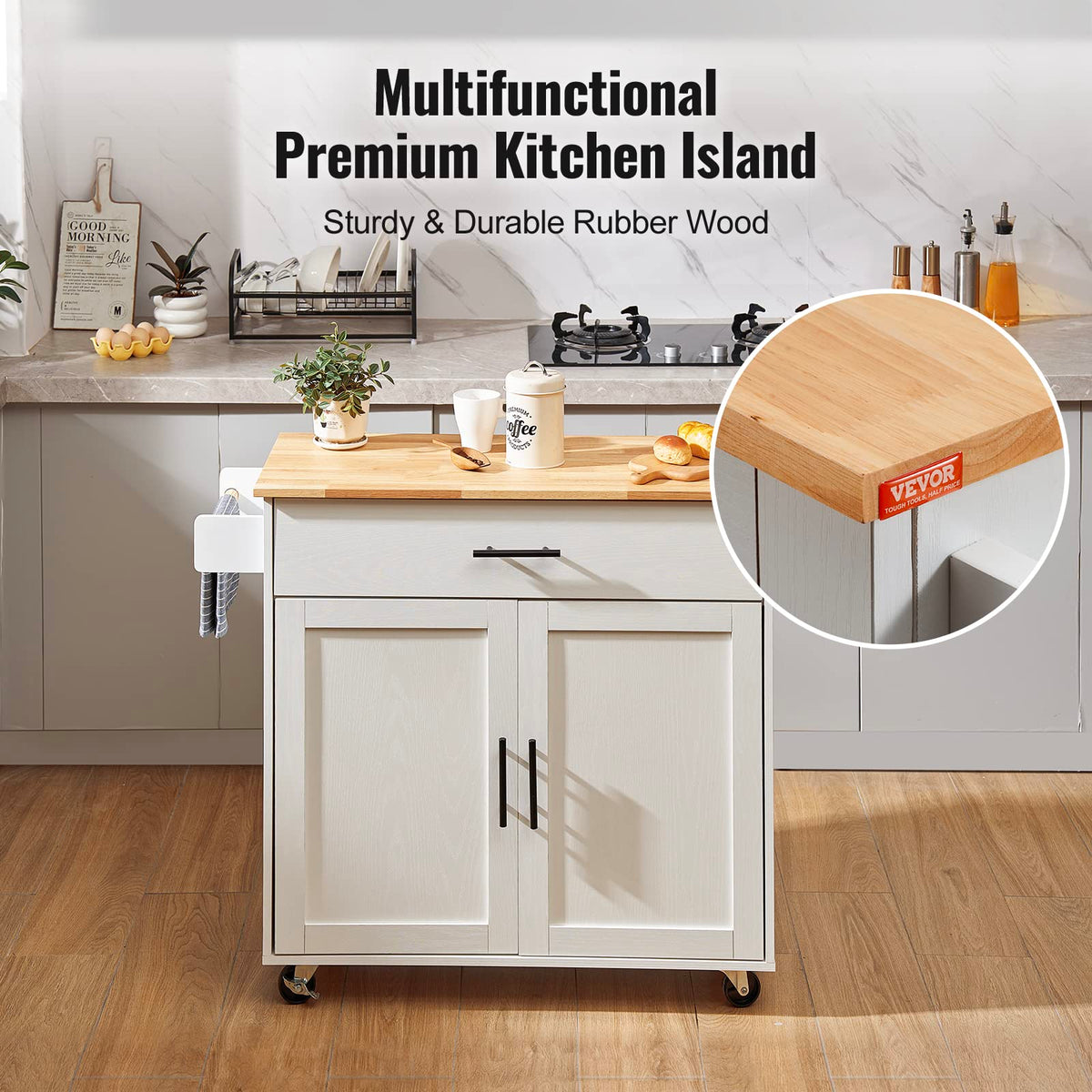 VEVOR Kitchen Island Cart with Storage, 47.64 in Wide Mobile Rolling Storage Island on Swivel Wheels, with 2 Drawers, Storage Cabinet, Drop Leaf, Towel Rack, Table for Home Dining Room, White