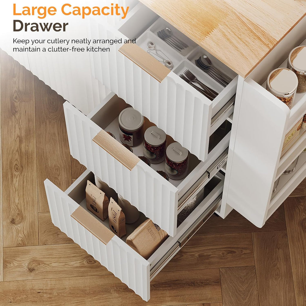 VINGLI Fluted Kitchen Island Cart with Drop-Leaf, 3 Drawers, White
