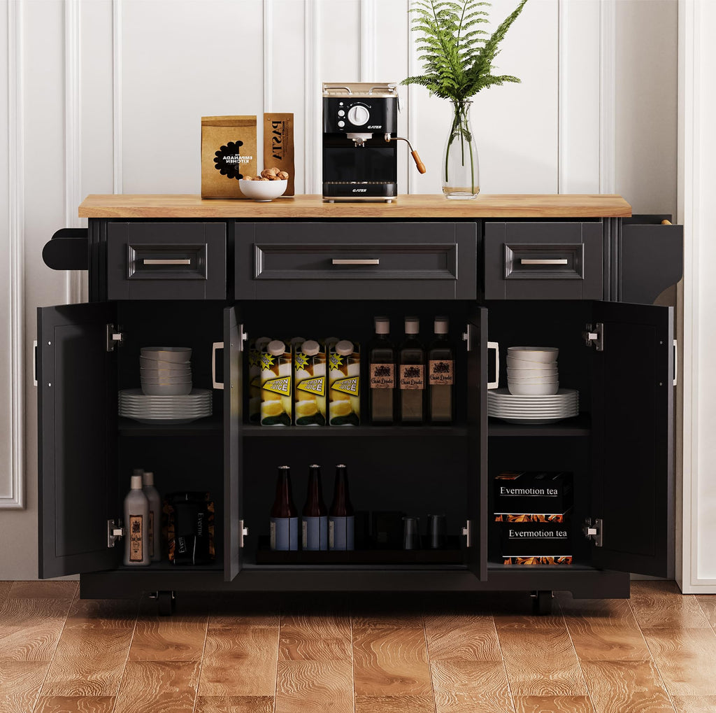 53" Large Kitchen Island with Drop Leaf & Power Outlet, Rolling Kitchen Cart on 5 Wheels with Internal Door Storage Rack, 5 Open Side Racks, 3 Drawers, 2 Doors for Kitchen Dining Room