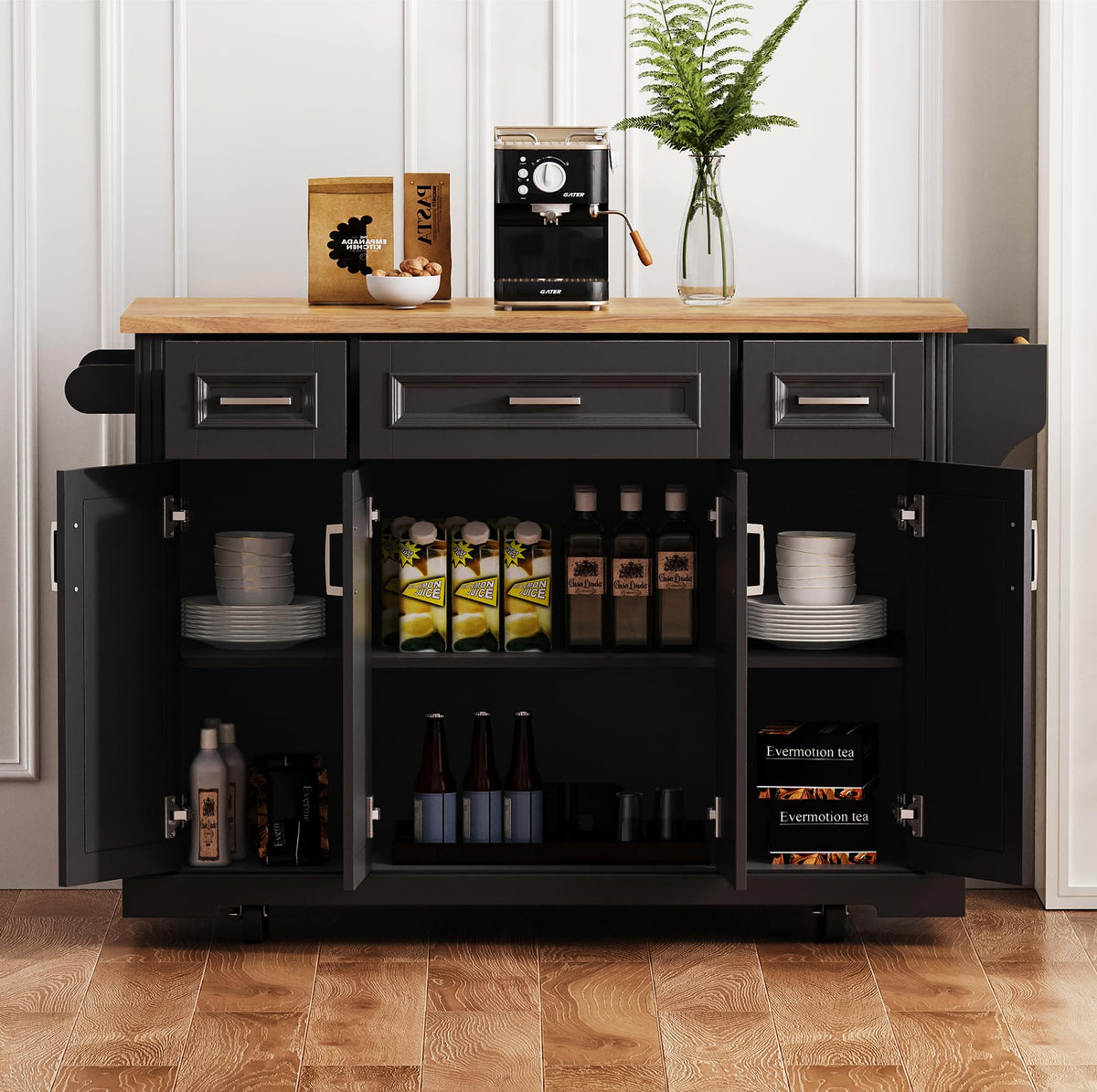 53" Large Kitchen Island with Drop Leaf & Power Outlet, Rolling Kitchen Cart on 5 Wheels with Internal Door Storage Rack, 5 Open Side Racks, 3 Drawers, 2 Doors for Kitchen Dining Room
