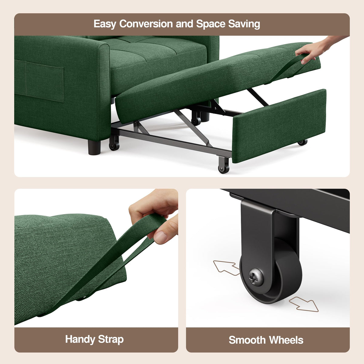 Ahomly Convertible Sofa Chair Bed, 3-in-1 Linen Pull Out Chair, Dark Gray