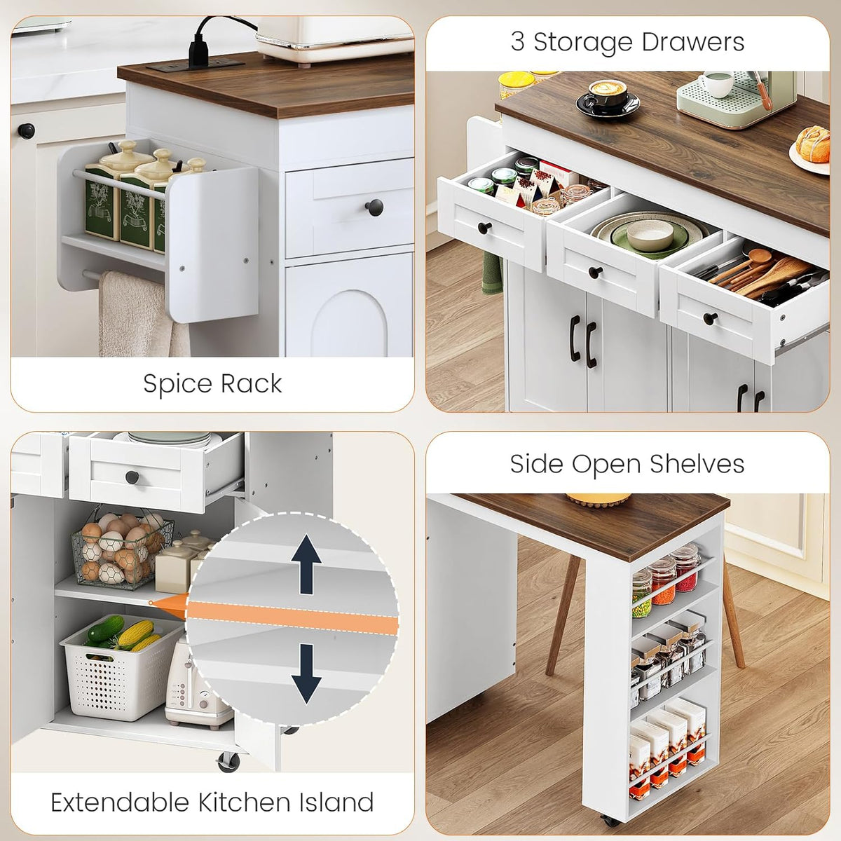HOOBRO Extendable Kitchen Island with Extended Table & Power Outlet