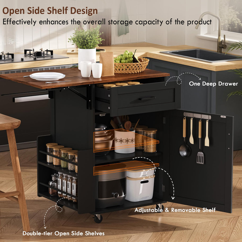 39.3"Farmhouse Kitchen Island with Open Side Rack and Drop Leaf and,Small Kitchen Rolling Cart with Drawer and Storage Cabinet, Narrow Mobile Dining Table with Lockable Wheels and Towel Rack White