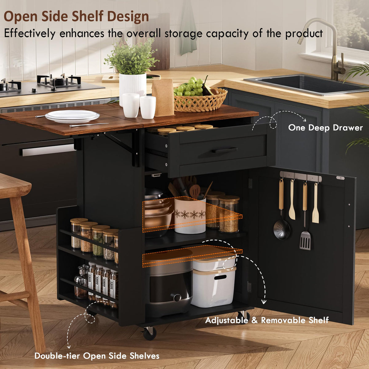 39.3"Farmhouse Kitchen Island with Open Side Rack and Drop Leaf and,Small Kitchen Rolling Cart with Drawer and Storage Cabinet, Narrow Mobile Dining Table with Lockable Wheels and Towel Rack White