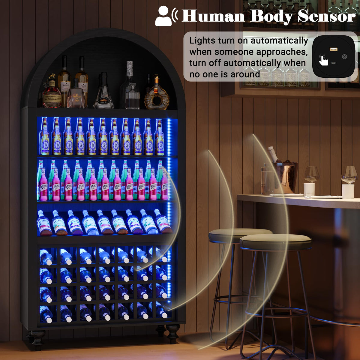 71" Tall Arched Wine Bar Cabinet with Wine Racks & Glass Holder, Wide Liquor Cabinets with LED Lights & Charing Ports, Kitchen Pantry Cupboard, Coffee Bar Storage Cabinet for Home, Dining Room (Oak)