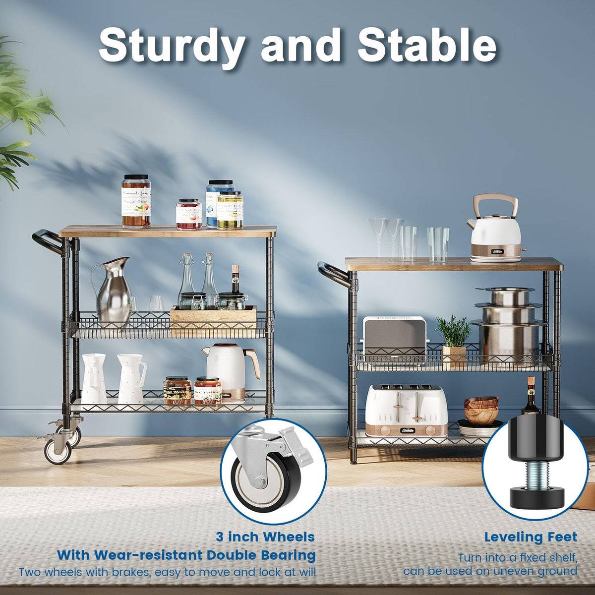 Leteuke 3 Tier Rolling Carts with Wheels, Heavy Duty Rolling Utility Cart
