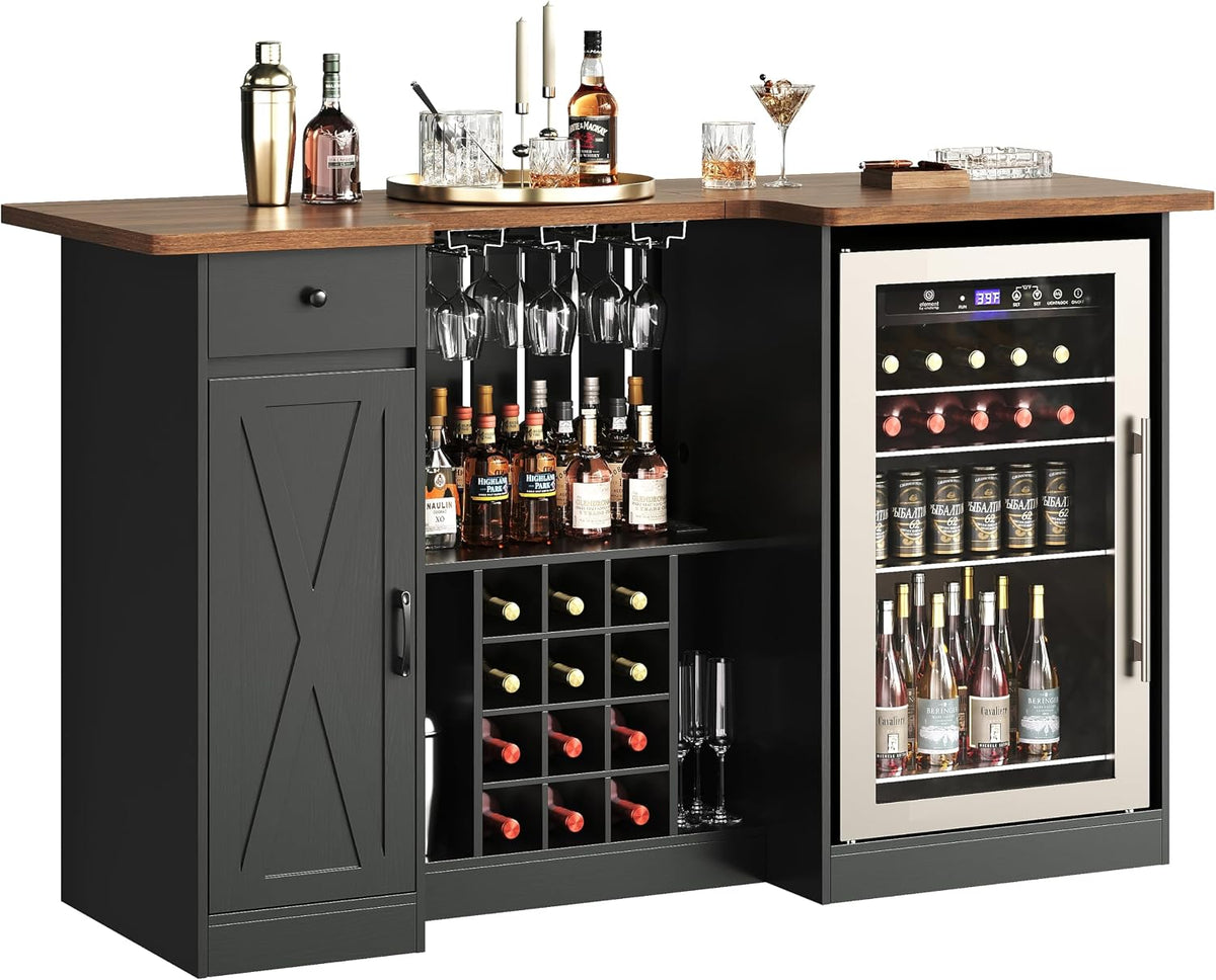 72" U-Shape Liquor Cabinet with Fridge Space, Bar Table with Wine Rack Glass Holder, Wine Bar Cabinet with Storage, Home Bar Cabinet for Man Cave Home Pub Basement Living Room, Black LRBT001B