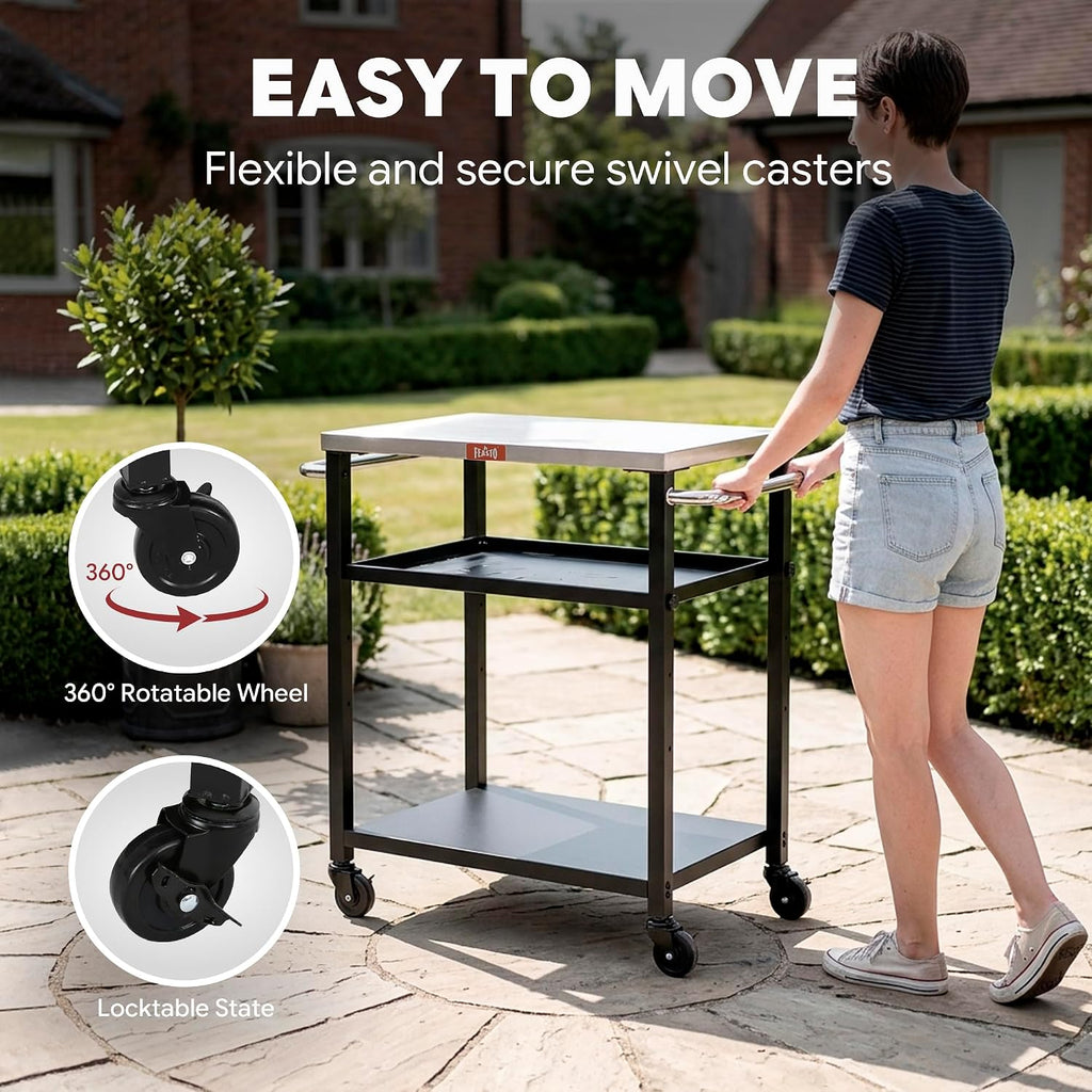 Feasto 3-Tier Outdoor Grill Cart, 26.6" x 16.1" Rolling Pizza Oven Table