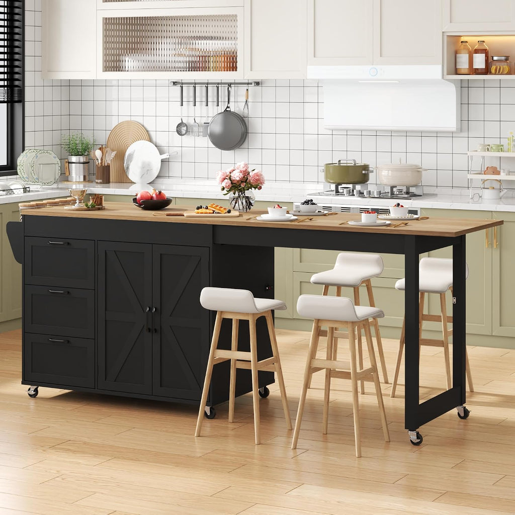 St.Mandyu 47â- 90â Flip-Top Kitchen Island with Extendable Dining Table, Mobile Rolling Storage Kitchen Cart with 3 Drawers & Spice Rack, Multi-Functional Bar Island Table Seats 2-4, Black