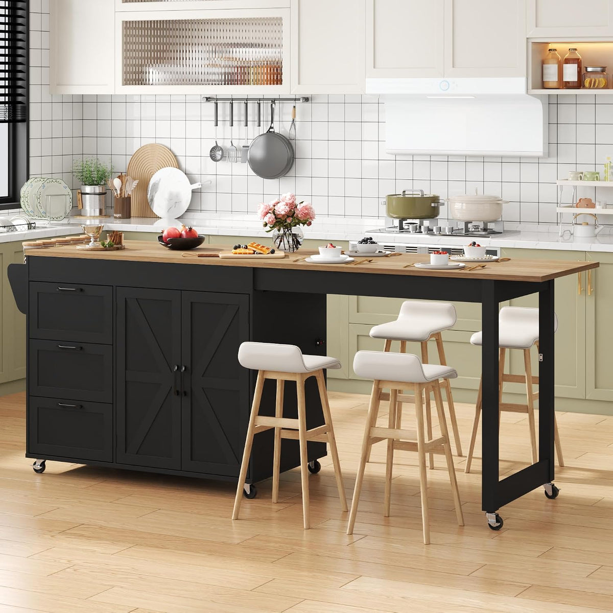 St.Mandyu 47â- 90â Flip-Top Kitchen Island with Extendable Dining Table, Mobile Rolling Storage Kitchen Cart with 3 Drawers & Spice Rack, Multi-Functional Bar Island Table Seats 2-4, Black