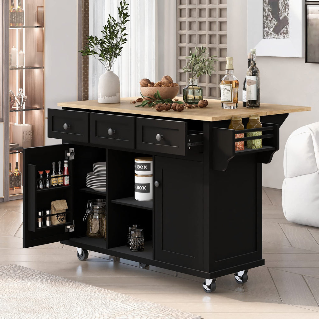 Ball & Cast Farmhouse Kitchen Island with Power Outlet,Dining Storage Island with Drop Leaf,Spice Rack and Drawer,Rolling Dining Cart on Wheels for Home,Kitchen,Dining Room,White,54"