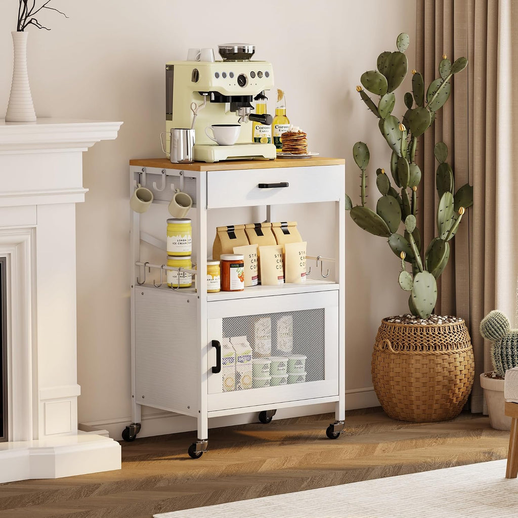 Homeiju Kitchen Island Cart, Kitchen Storage Cart with Drawer, Microwaves Stand, Coffee Cart, Rolling Kitchen Cabinet Cart with Hooks for Kitchen, Dining Room, White