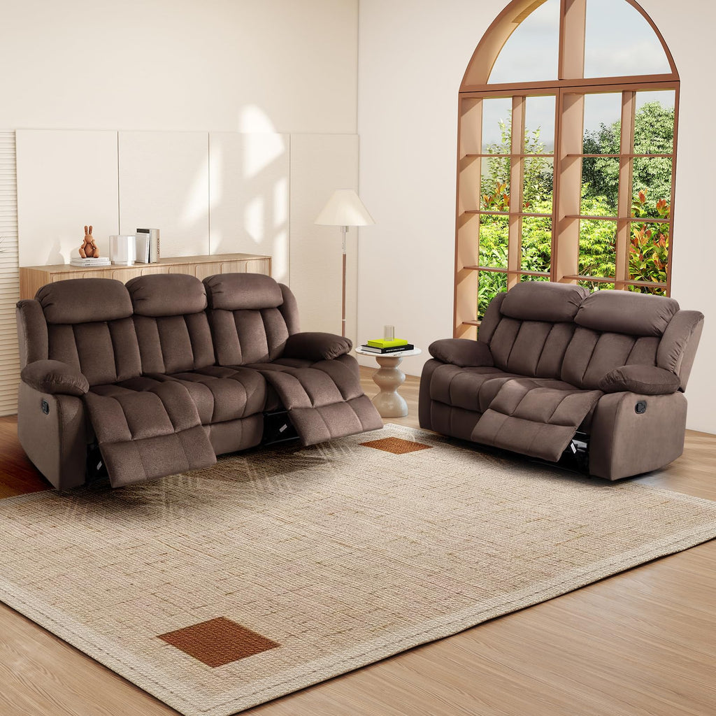 INZOY Manual Recliner Chair with Padded Armrest, Wall-Hugger Single Sofa Recliners with Overstuffed Back, Classical Fabric Reclining Chairs for Living Room Theater Seating, Brown