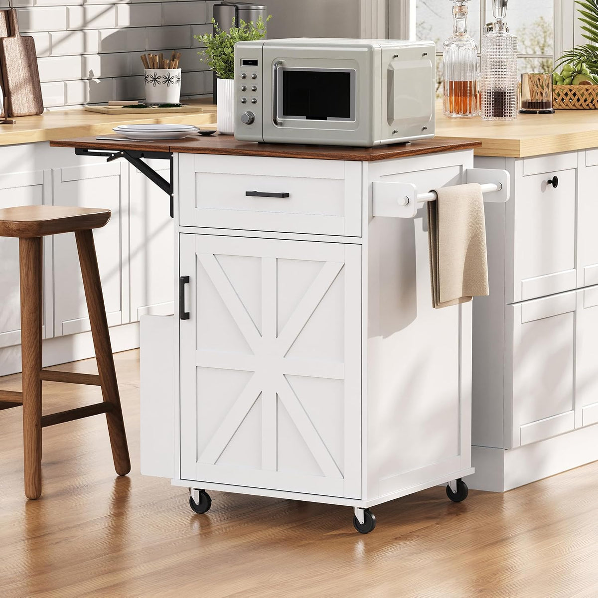 39.3"Farmhouse Kitchen Island with Open Side Rack and Drop Leaf and,Small Kitchen Rolling Cart with Drawer and Storage Cabinet, Narrow Mobile Dining Table with Lockable Wheels and Towel Rack White