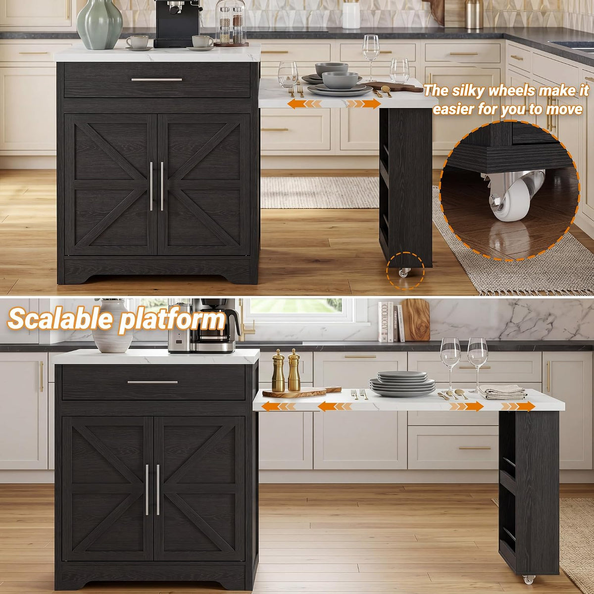 Black Kitchen Island with Extendable Dining Table, Kitchen Island Cart with Power Outlet, Storage Cabinet & Large Drawer, Faux Marble Top