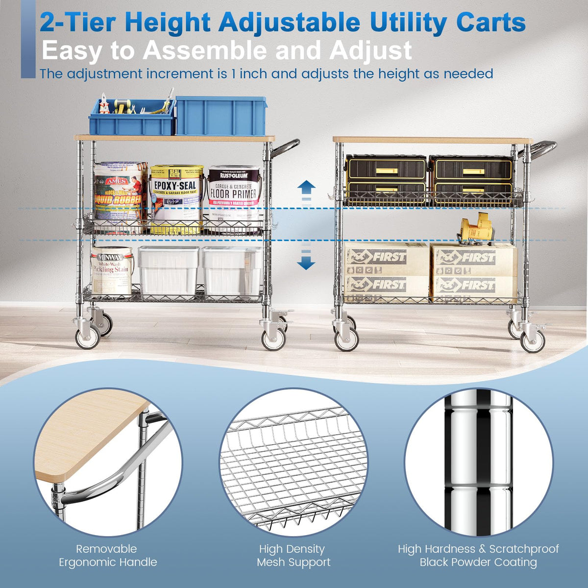 Leteuke 3 Tier Rolling Carts with Wheels, Heavy Duty Rolling Utility Cart