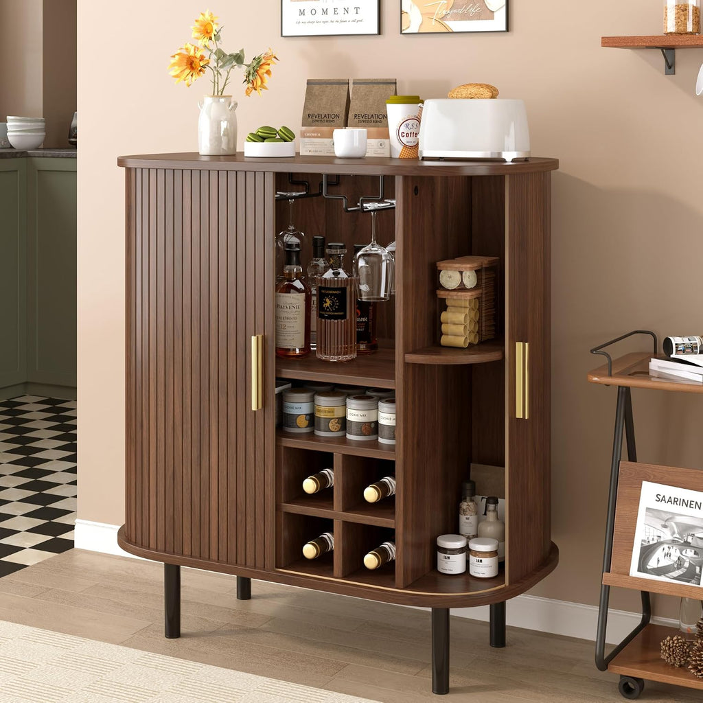 28" Fluted Wine Bar Cabinet with Storage, Modern Liquor Cabinets, Walnut