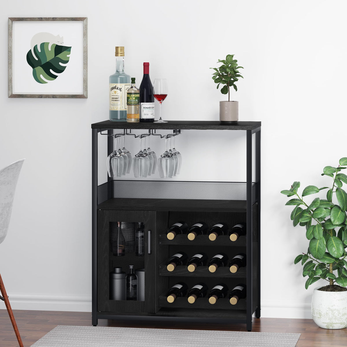 Jojoka 3 Tier Wine Bar Cabinet with LED Lights, Adjustable Storage, Liquor Rack, Glass Holder, Mesh Door, Multi Functional Coffee Bar Sideboard Buffet for Home, Dining Room