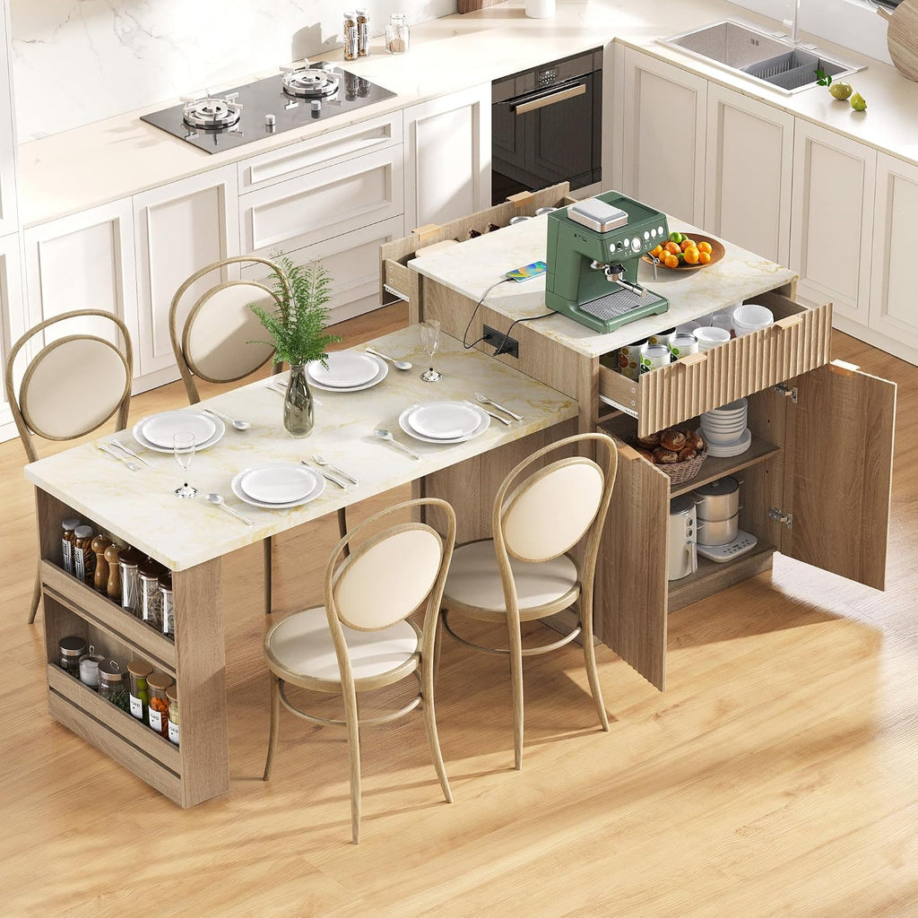 83" Extendable Kitchen Island with Drop Leaf Dining Table, Natural