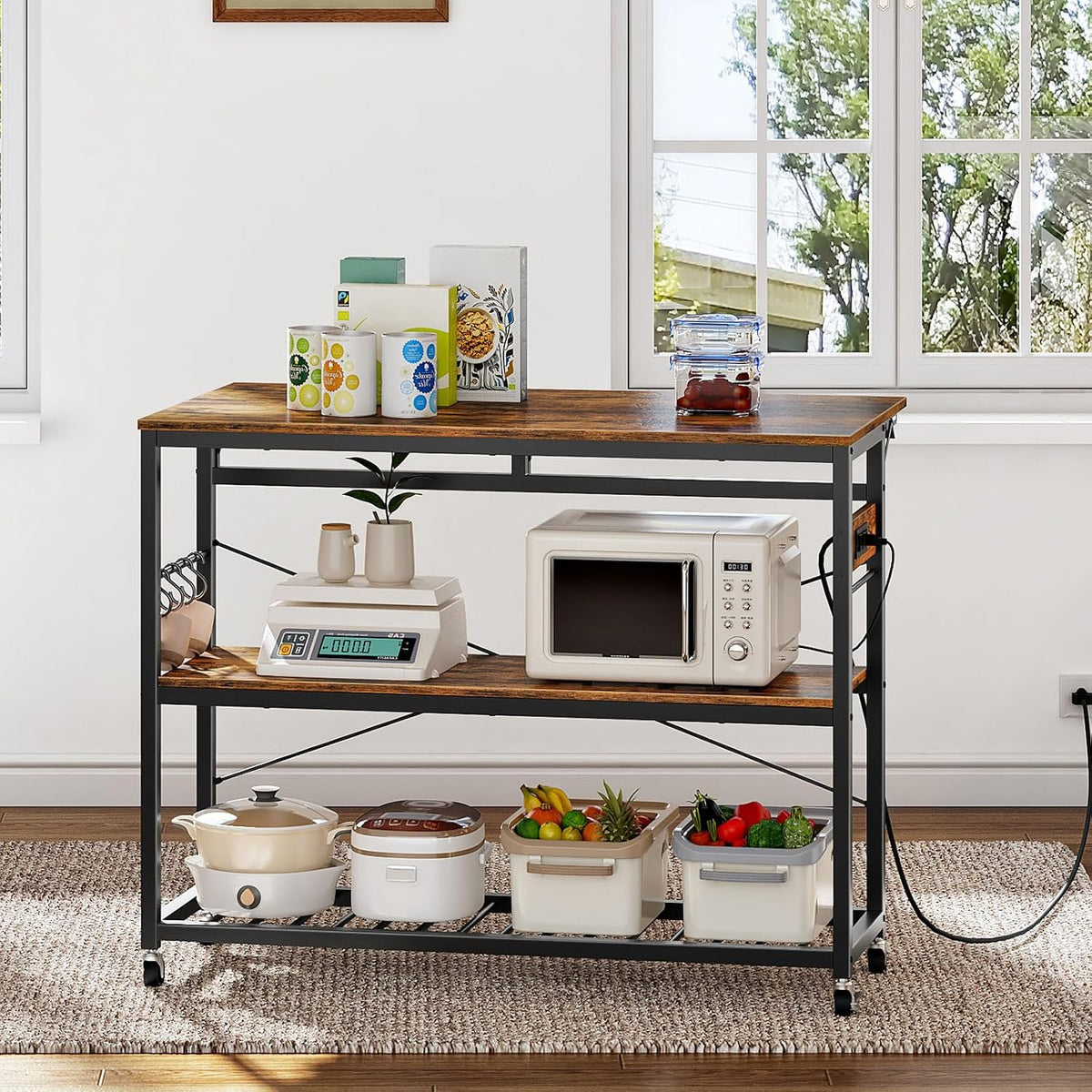 CHOEZON Kitchen Island with Power Outlet and Folding Top, Movable with 3-Tier Storage, Large Size, Wooden Shelves and Wine Rack, for Kitchen, Dining and Living Room, Rustic Brown and Black TZD02UBF