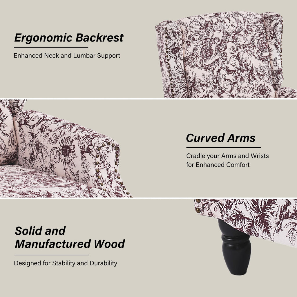 Wingback Floral Pushback Recliner Chair, Plants Beige, Set of 2