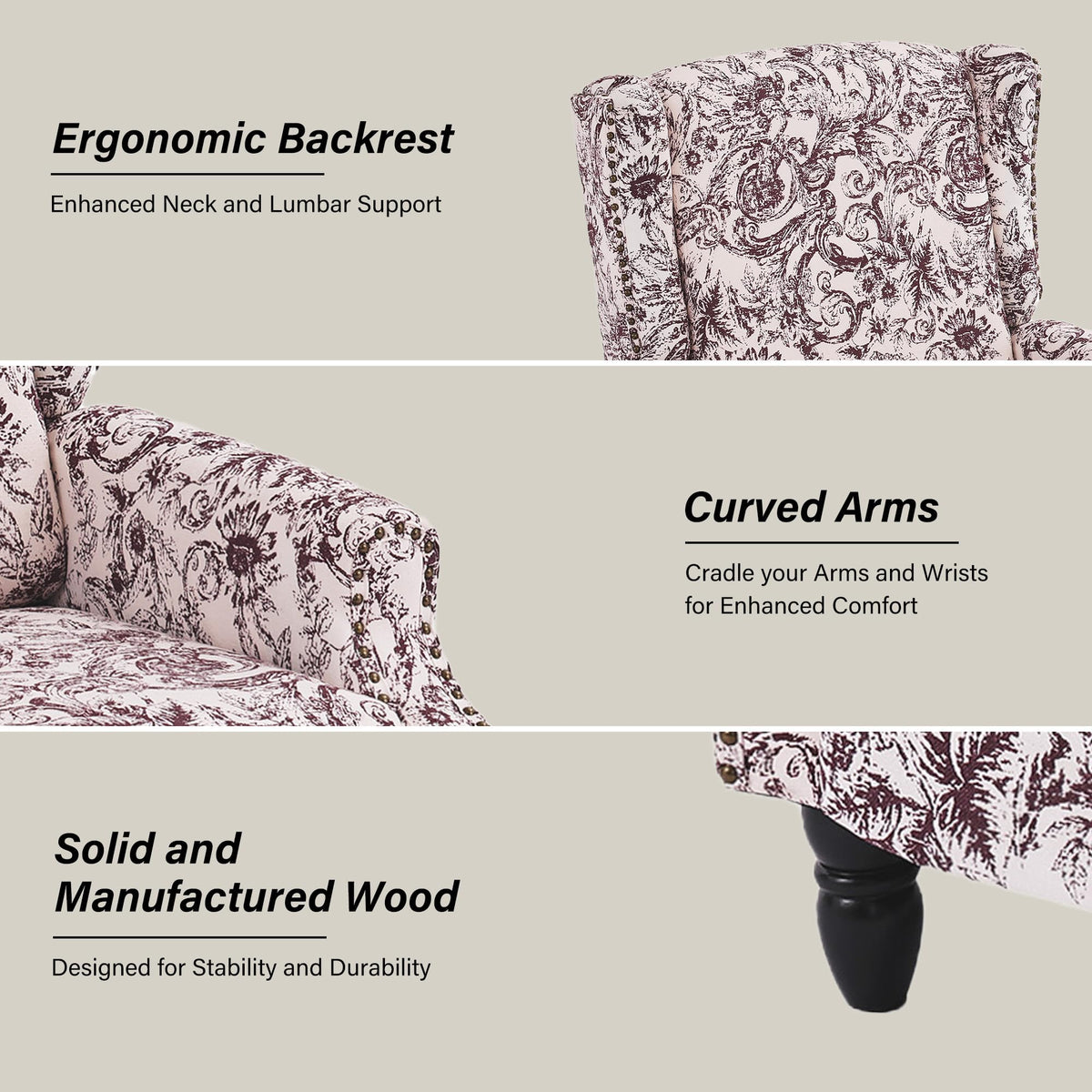 Wingback Floral Pushback Recliner Chair, Plants Beige, Set of 2