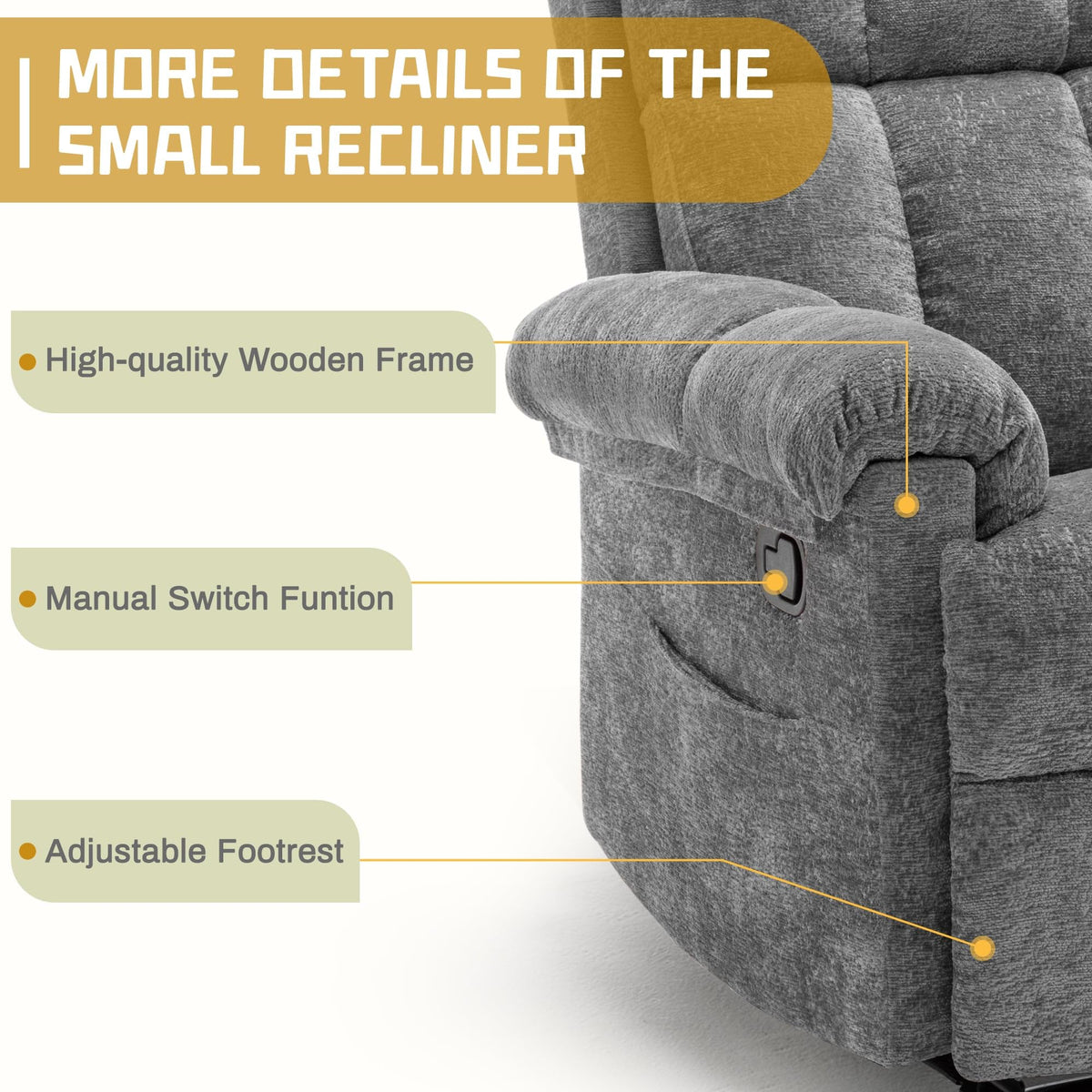 Korser Recliner Chair, Living Room Recliner Chairs for Adults, Small Recliners for Small Spaces, Upholstered Manual Recliner with Side Pockets, Comfy Nursery Chair for Living Room, Chenille, Beige
