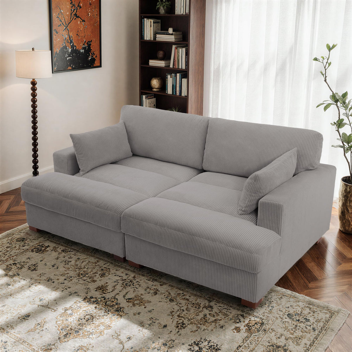 Oversized Corduroy Chaise Lounge Chair with Right Armrest & Cushion, Comfy Upholstered Sleeper Sofa Indoor Recliner Seat Solid Wood Couch w/Washable Cover for Bedroom, Living Room - Orange