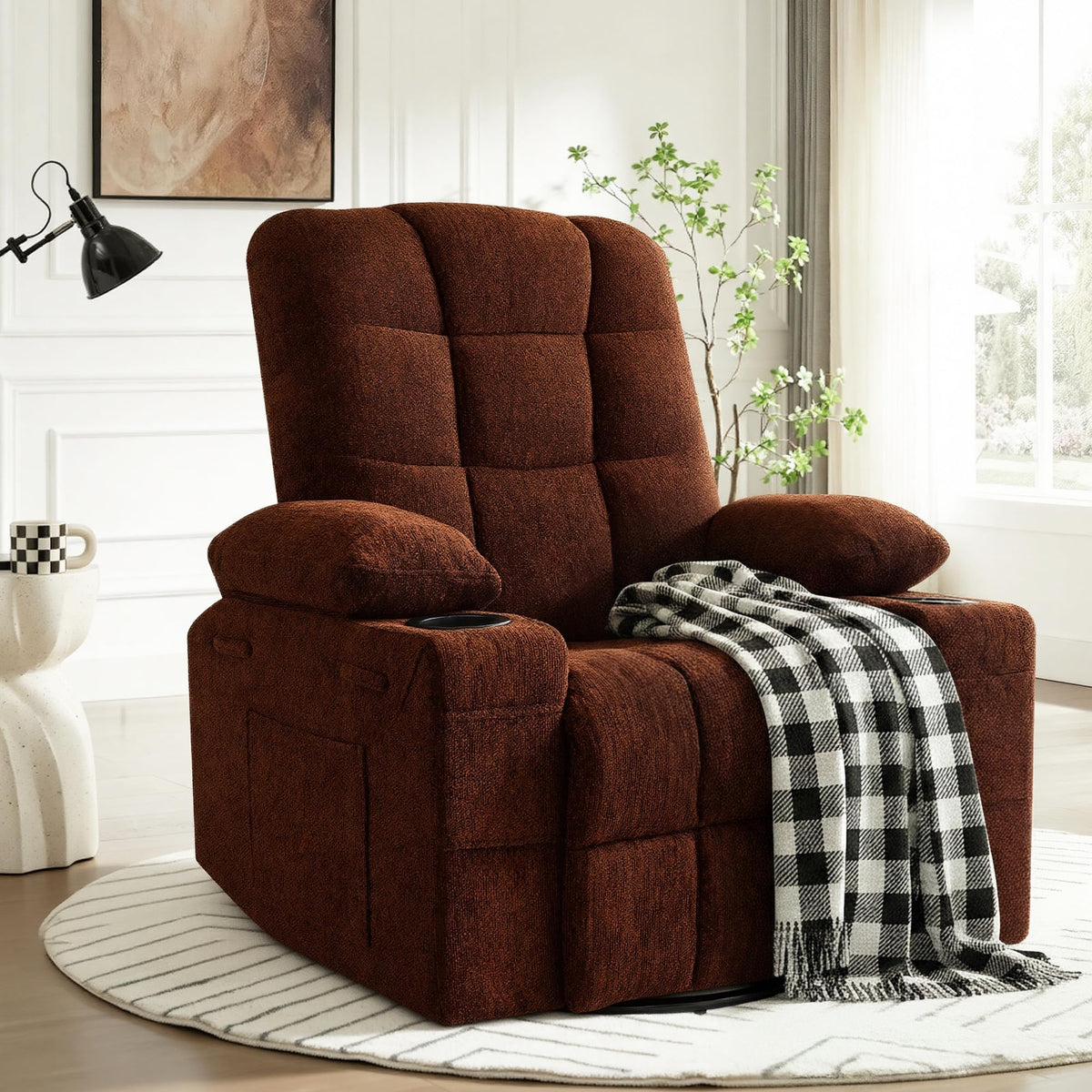 Swivel Rocker Recliner Chair,Recliner Single Sofa with Cup Holders, Manual Nursery Rocking Chair with Side Pockets, Modern Upholstered Recliner for Living Room,Apartment,Home Theater(Black)
