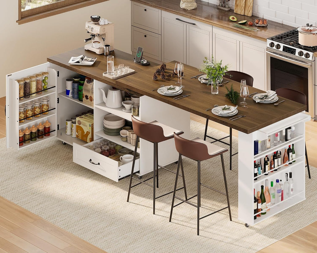 RALGEND Rolling Kitchen Island with 360Â° Swivel Tabletop, Large Kitchen Island Table with Power Outlet, Mobile Kitchen Island Cart with Storage Cabinets for Kitchen & Office, White and Walnut