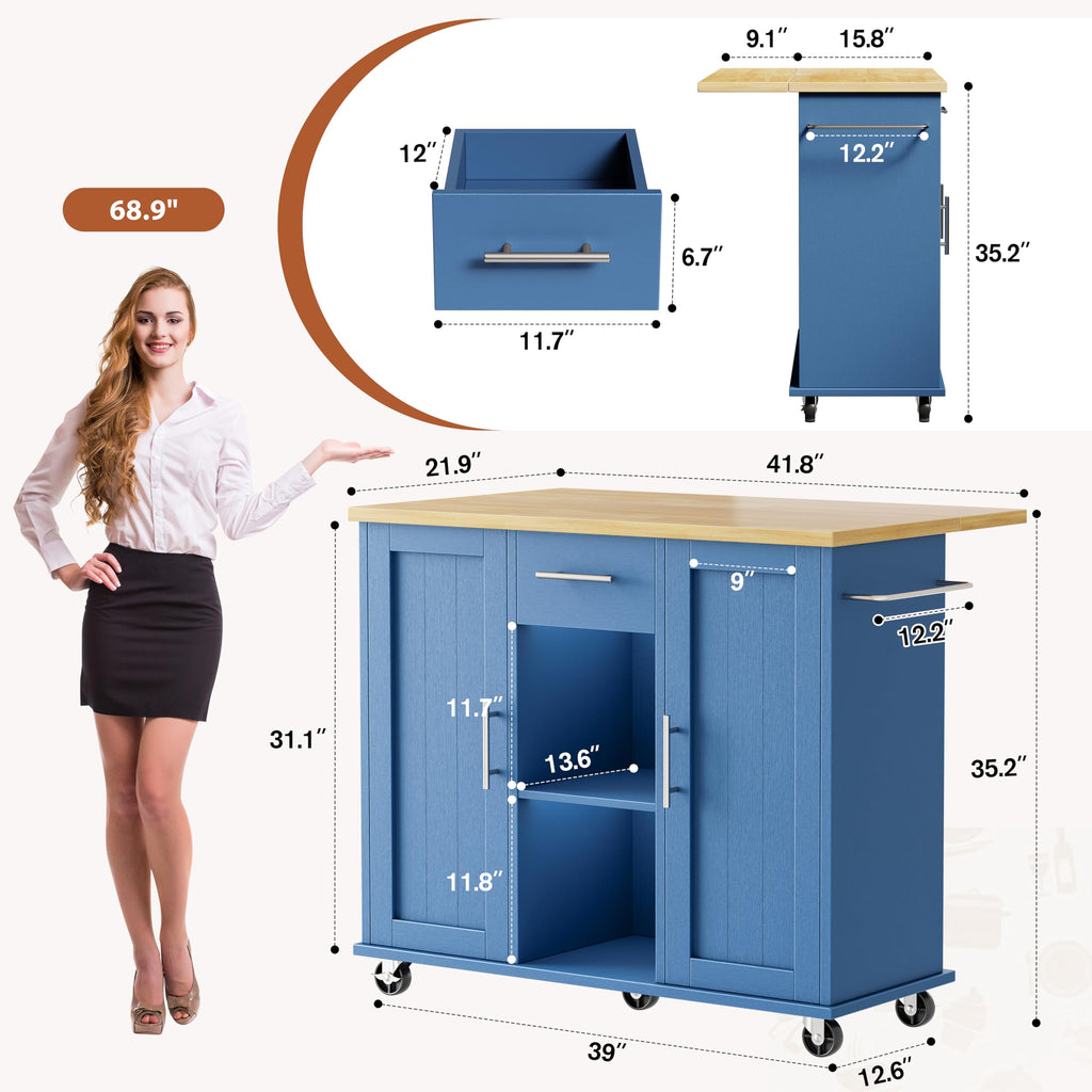 JY QAQA 42" Rolling Kitchen Island Cart with Storage, Drop Leaf Countertop, Drawers & Towel Rack, Mobile Kitchen Table on Wheels for Kitchen Dining Room, White