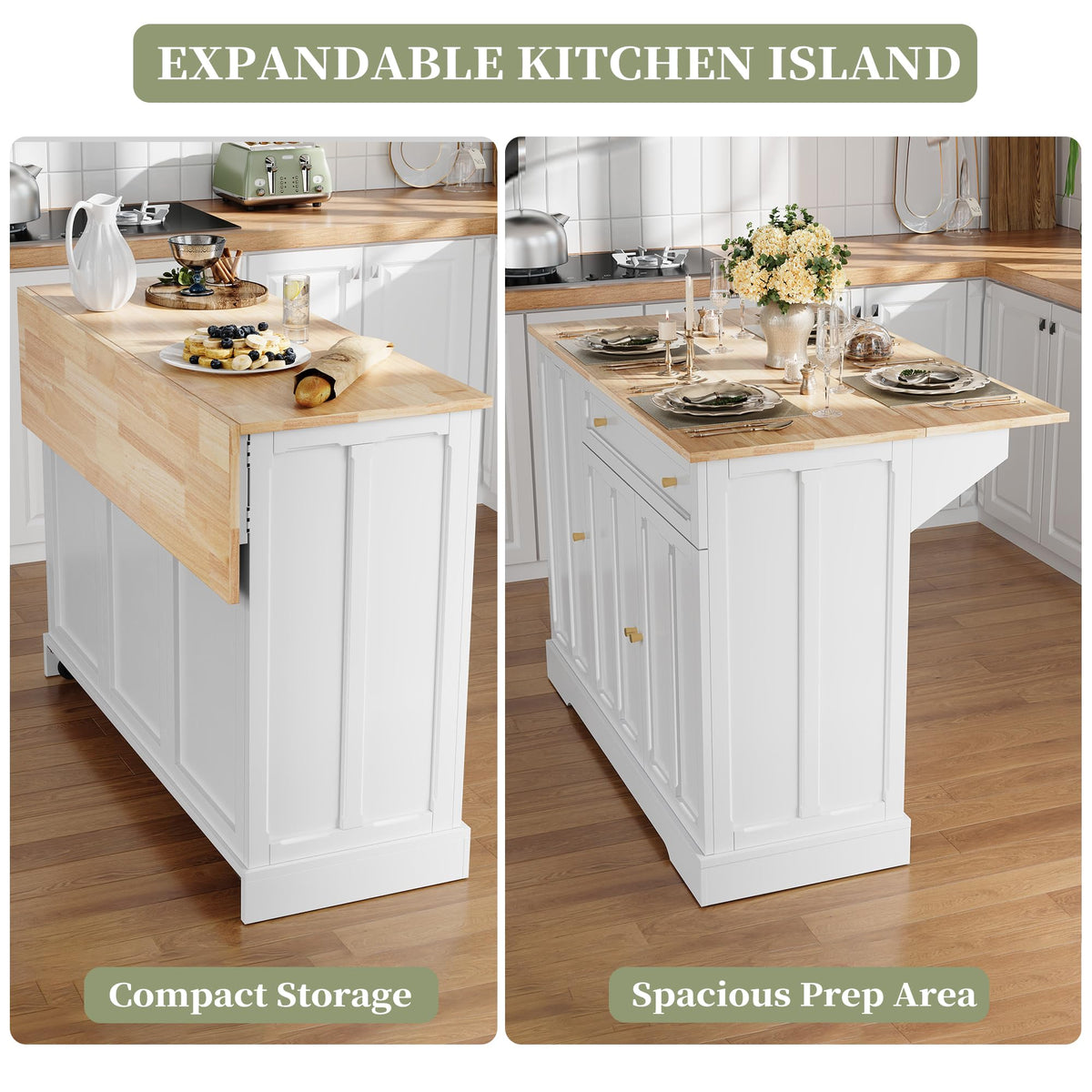 HLR Kitchen Island with Drop Leaf & Storage, Solid Rubber Wood Top Rolling Kitchen Cart with Carved Recessed Panel Doors, Large Mobile Island Table on Wheels for Kitchen, Dining Room (Green)