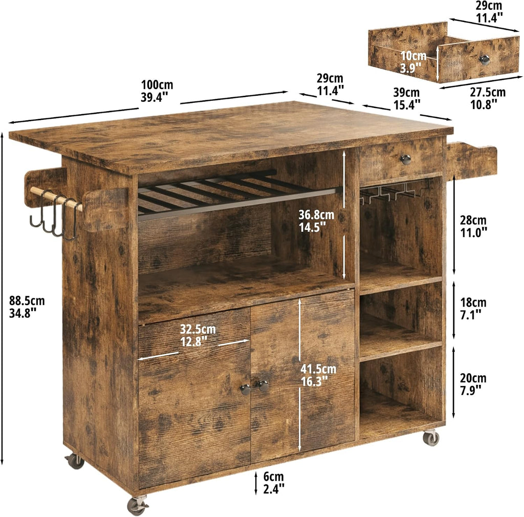 IRONCK Rolling Kitchen Island Cart with Drop-Leaf and Wine Rack, Brown